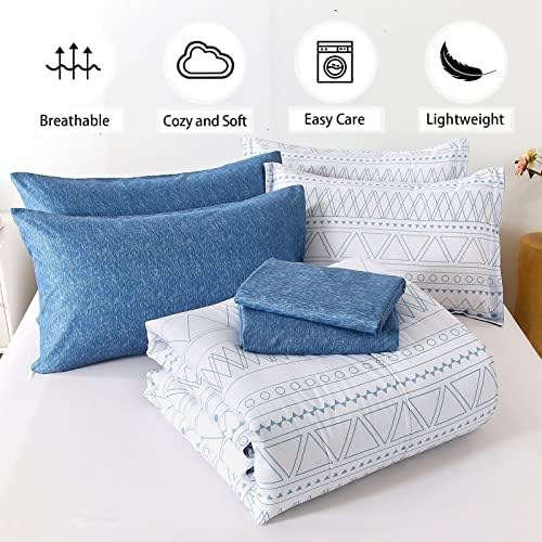 Blue Boho Bed in a Bag King,7 Pieces Navy Comforter Set Queen Geometric Comforter Bedding Set Reversible Soft Microfiber King Size(1 Comforter,2 Pillowcases,1 Flat Sheet,1 Fitted Sheet,2 Pillow Shams)