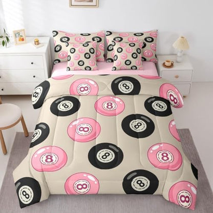Erosebridal Kids Lucky Trendy 8 Ball 7 Piece Bedding Set Twin Girly Fashion Y2K Comforter Set for Girls Coquette Room Decor,Pink Black Lucky 8 Ball Bed in A Bag with Sheets Funky Preppy Bed Set