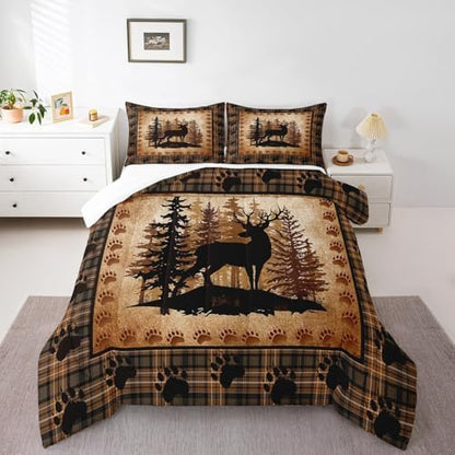 Castle Fairy Deer Bear Plaid Comforter Set Twin Size,Animal Hunting Bear Print Bedding Set for Kids Boys Men,Pine Trees Rustic Retro Grid Quilted Duvet Set with 1 Pillowcase