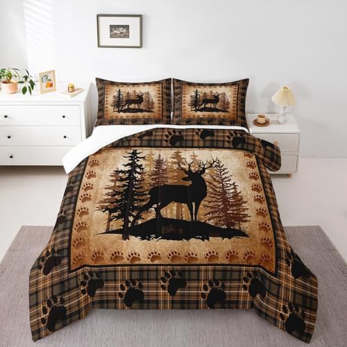 Castle Fairy Deer Bear Plaid Comforter Set Queen Size,Animal Hunting Bear Print Bedding Set for Women Adult,Pine Trees Rustic Retro Grid Luxury Bed Duvet Insert, 2 Pillowcases