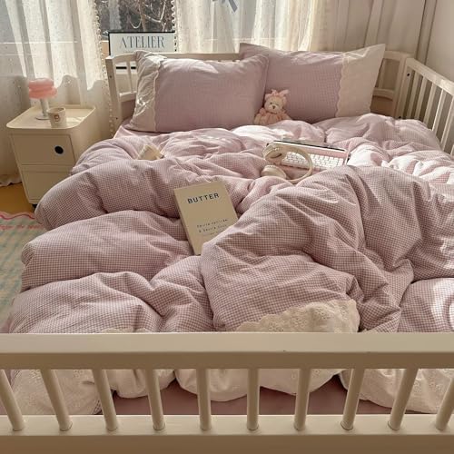 mixinni Purple White Gingham Duvet Cover Queen Size - 3 Piece Cottagecore Plaid Bedding Set with Lace Trim, Soft Washed Microfiber Vintage Aesthetic Grid Comforter Cover & Pillow Shams