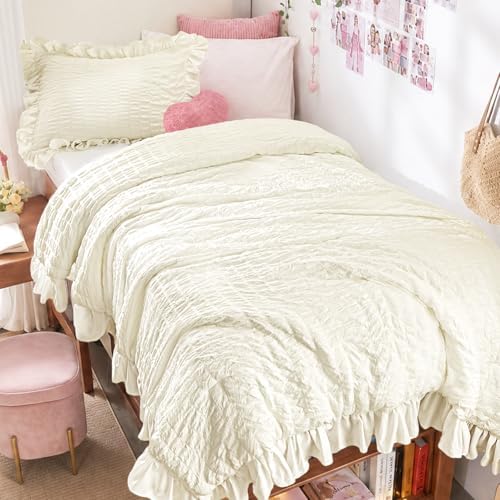 JOLLYVOGUE Ivory Twin/Twin XL Comforter Set, 2 Pieces Seersucker Lightweight Fluffy Bedding Set, Twin Ruffle Comforter, All Season Soft Microfiber Shabby Chic Bed Set