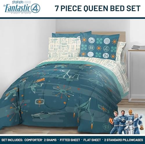 Marvel Fantastic Four Queen Comforter Set 7 Piece Superhero Bedding, Blue
