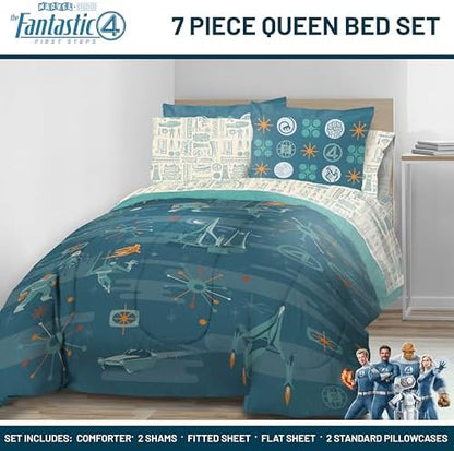 Marvel Fantastic Four Queen Comforter Set 7 Piece Superhero Bedding, Blue