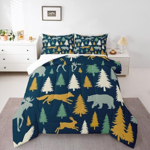 Feelyou Moose Fox Comforter Set Queen Size Soft Kids Nature Woodland Wild Animal Bedding Set with Pillow Case Farmhouse Bear Bathroom Lightweight Breathable Comforter