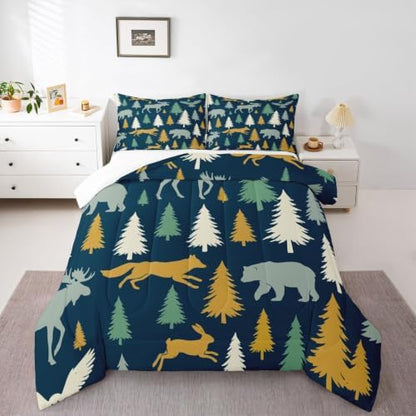 Feelyou Moose Fox Comforter Set Queen Size Soft Kids Nature Woodland Wild Animal Bedding Set with Pillow Case Farmhouse Bear Bathroom Lightweight Breathable Comforter