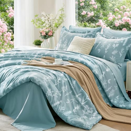 MUXHOMO Oversized Queen Comforter Set, Gray Blue Elegant Floral Print Bed in a Bag 7 Pieces, Soft & Breathable Reversible Botanical Pattern Bedding Set with Comforter, Sheets, Pillowcases & Shams