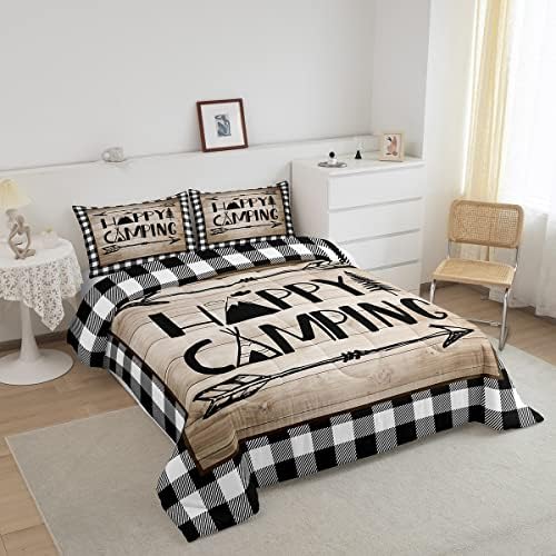Manfei Happy Camping Trip Comforter Set Twin,RV Trailer Car Bedding Set 2pcs for Kids Youths Boys Girls Room Decor,Arrow Plaid Boho Quilt Set,Vintage Rustic Brown Duvet Insert with 1 Pillowcase
