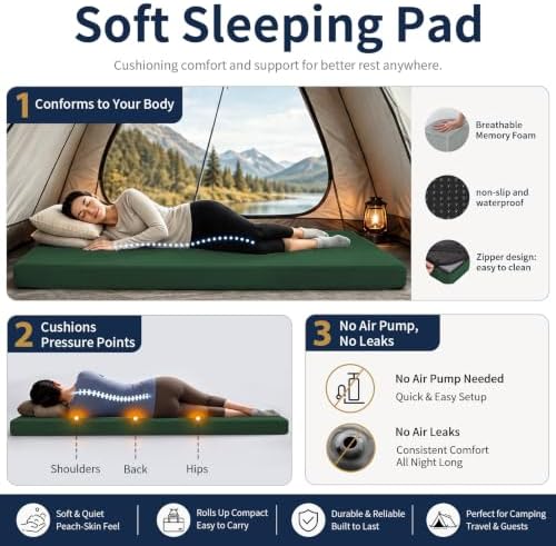 CYMULA Memory Foam Camping Mattress Pad,Sleeping Pad for Camping,Non-Slip Bottom Floor Car Mattress Bed with Retaining Portable Roll up Mattress Pad Mat for Travel Truck Guest Bed Tent