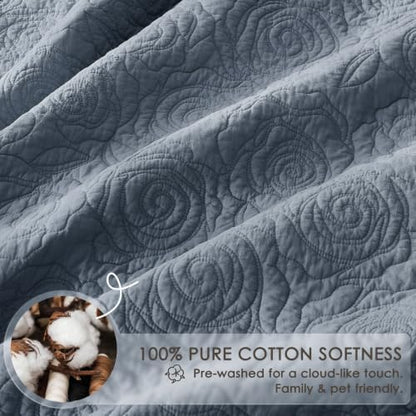 WDCOZY 100% Cotton Cal King Quilt Bedding Sets Floral Rosette Dusty Blue