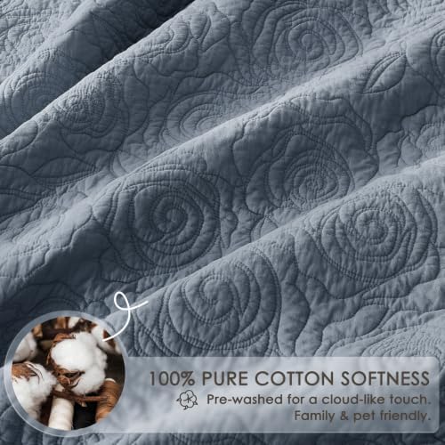 WDCOZY 100% Cotton Twin Size Quilt Bedding Sets Floral Rosette Dusty Blue