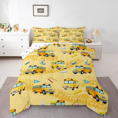 Feelyou School Bus Comforter Set Full Size Cartoon Truck Bedding Set for Kids Boys Girls Yellow Transport Vehicles Duvet Quilt Bedroom Decor Microfiber 3 Pcs with 2 Pillow Cases