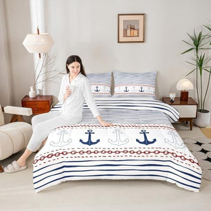 Boys Geometric Striped Comforter Set Navy Blue Anchor Bedding Set Queen Size Nautical Themed Quilted Duvet 3pcs for Kids Teens Men Adults Room Decor Sea Adventure Duvet Insert White,2 Pillowcases