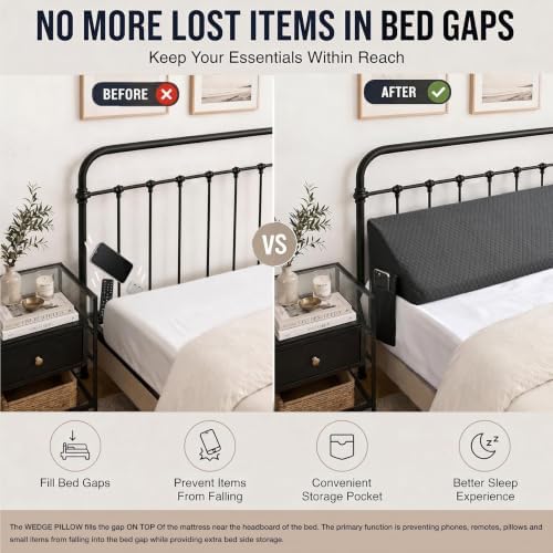 Queen Size Bed Wedge Pillow for Bed Gap Filler/Headboard Bed Gap Grey