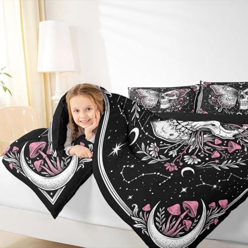 Butterfly Skull Comforter Set Queen Size,Pink Wild Mushroom Skeleton Duvet Insert Adults Bedroom Decor,Starry Galaxy Moon Bedding Set,Vintage Gothic Style Ultra Soft Microfiber Inner Fill 3Pcs Bedding