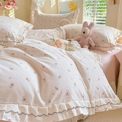 mixinni Shabby Chic Tiny Pink Floral Duvet Cover Twin, 100% Cotton Reversible Bedding with Double Ruffle Black Lace Trim, Vintage Farmhouse Princess Comforter Cover with Zipper & Corner Ties