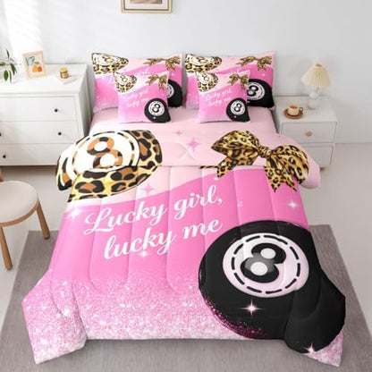 Pink Girly Fashion Y2K Queen Comforter Set 7 Piece Trendy Leopard Lucky 8 Ball Bedding Set For Kids Girls Teen,Cheetah Print Bow Bed In A Bag Preppy Room Decor,Fashion Coquette Aesthetic Bed Set