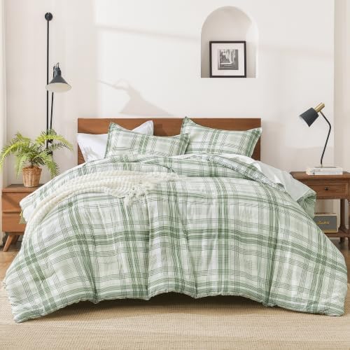 Andency Sage Plaid Comforter Set Twin, Gingham Checkered Grid Bedding Set