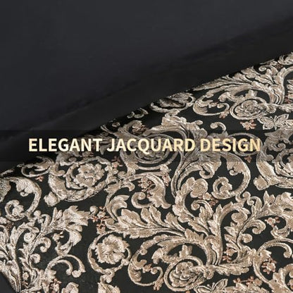 Bedduvit Luxury 7 Piece Queen Comforter Set - Vintage Elegant Floral Jacquard Black and Gold Bed in Bag, Chic Stripe Botanical Patchwork Thick Bedding Set with Bed Skirt, Decorative Pillows, Shams