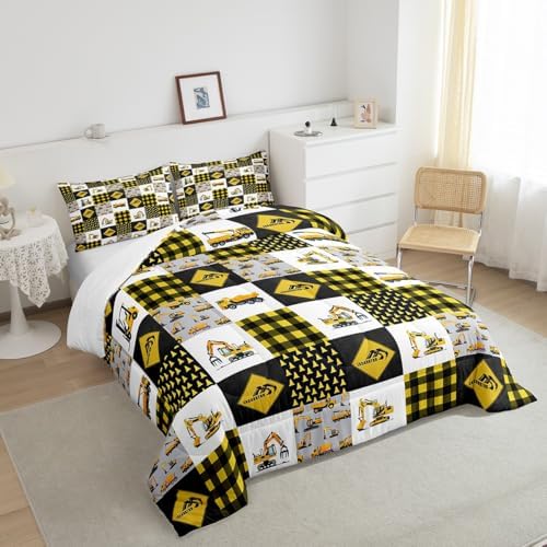 Homewish Yellow Trucks King Size Comforter Set,Kids Crane Excavator Decor All Season Bedding Set,Teens Car Grid Comforter,Under Construction Decor Quilt Set Bedroom Collection 3Pcs