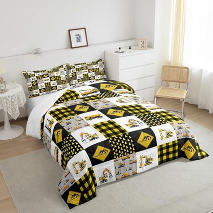Homewish Yellow Trucks Bedding Set Crane Excavator Comforter Set for Kids Boys Car Geometric Grid Comforter Under Construction Quilt Set 1 Comforter Set with 1 Pillowcase Toddler Size