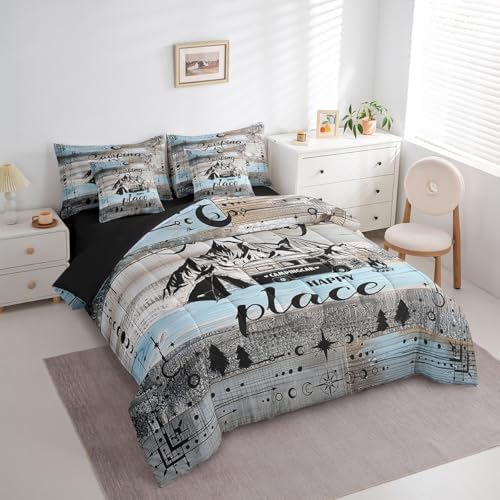 Erosebridal Rv Bed in A Bag for Travel Trailers Happy Camping Bunk Comforter Set 7 Piece Full Boho Stars Moon Camper Decor Bedding for Inside,Rustic Farmhouse Travel Adventure Bed Set Blue Grey