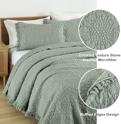 HORIMOTE HOME Sage Green Ruffled Quilt Twin Size, Shabby Chic Floral Quilt Set Lightweight Crinkled Farmhouse Rustic Bedding Set, 2 Pieces Reversible Bedspread with 1 Pillow Sham for All Season