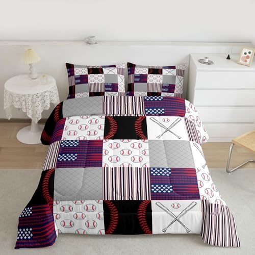 Boys Baseball Bedding Set Full Ball Games Sports Comforter Set for Kids Teens,Red Blue Abstract American Flag Bedding Comforter Set Patchwork Grey Grid USA Flag Quilt Duvet Set with 2 Pillow Cases