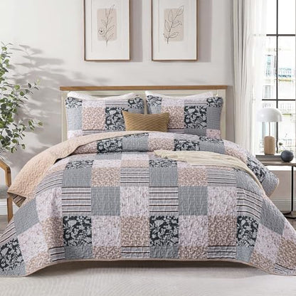 Mybedsoul Blue Brown Quilts Queen Size, Patchwork Floral Bedding Set