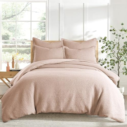 Levtex Home Cloud Waffle Full/Queen Comforter Set (90x94in) with 2 Pillow Shams (26x20in) - Solid Waffle Cotton Texture - Blush - 100% Cotton Full/Queen Size Comforter Set - Soft, Pre-Washed