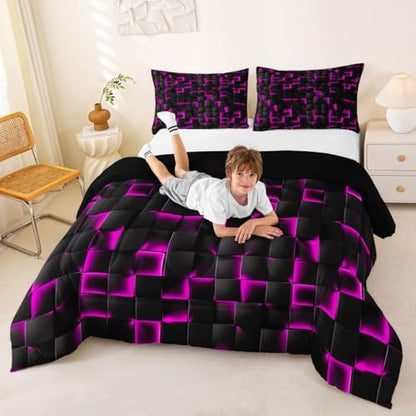 Erosebridal Neon Black Purple Comforter Set Toddler Violet Geometric Checkered Bedding Set for Kids Teen Adults Gaming Room Decor,Abstract Ombre Plaid Comforter Grids Quilt Duvet