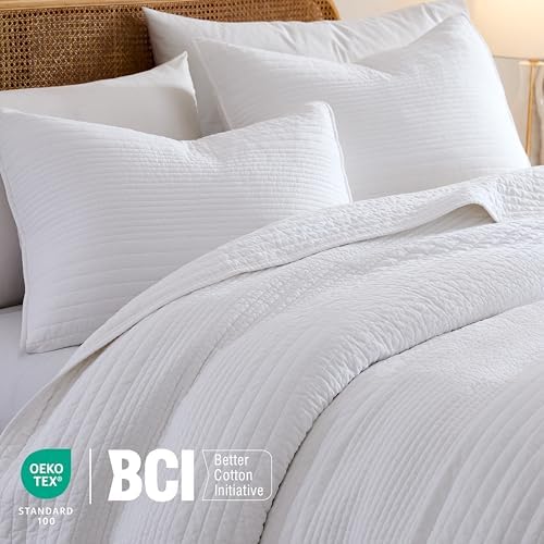 palassio Striped White 100% Cotton Quilt Twin Size Bedding Sets, Lightweight Crinkly Channel Pick Stitch Textured Bedspread Soft Shabby Chic Farmhouse Country Coverlet for All Season, 1 Sham