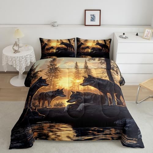 Feelyou Wolf Comforter Sets Toddler Size for Boys Kids Teens,Wild Animal Bedding Sets Hunting Comforter Sets Woodland Moose Wildlife Forest Bed Set, with 1 Comforter 1 Pillowcase