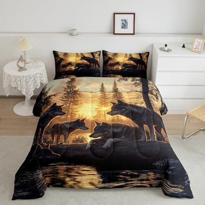 Feelyou Wolf Comforter Sets Toddler Size for Boys Kids Teens,Wild Animal Bedding Sets Hunting Comforter Sets Woodland Moose Wildlife Forest Bed Set, with 1 Comforter 1 Pillowcase