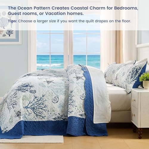 Qucover Coastal California King Quilt 118"x106", Ocean Beach Themed Bedding Set with Pillowcase, Soft Lightweight Reversible Microfiber Nautical Coverlet, Oversized King Bedspread for Summer,Navy Blue
