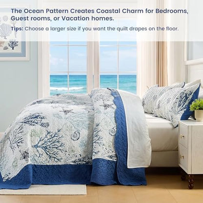 Qucover Coastal California King Quilt 118"x106", Ocean Beach Themed Bedding Set with Pillowcase, Soft Lightweight Reversible Microfiber Nautical Coverlet, Oversized King Bedspread for Summer,Navy Blue