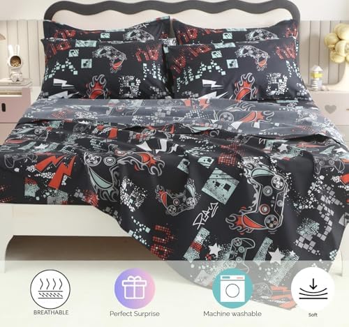 SDY 7PCS Full Size Gaming Bedding Set - Soft Video Game Comforter Set for Boys, Girls & Kids, Gamer Themed Bed Set with Comforter, Sheets & Pillowcases