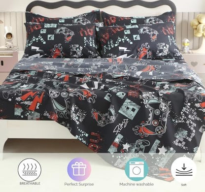 SDY 7PCS Full Size Gaming Bedding Set - Soft Video Game Comforter Set for Boys, Girls & Kids, Gamer Themed Bed Set with Comforter, Sheets & Pillowcases