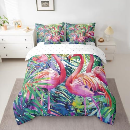Erosebridal Flamingo King Comforter Set with Sheets 7 Piece Tropical Leaves Bed in A Bag Palm Tree Comforter Sets,Bird Romantic Bed Set