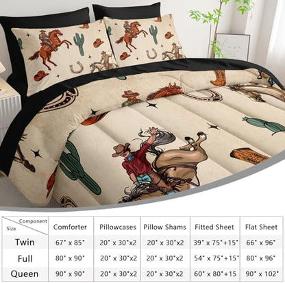 AILONEN 7-Piece Western Cowboy Comforter Sets Full Size,Rodeo Cowboy Riding Bull with Cacti Bedding Set for Kids,Ranch Jomon Comforter & Fitted Sheet with Flat Sheet & 2 Pillowcases,2 Pillow Shams
