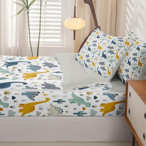 Feelyou Dinosaur Zipper Bedding for Kids Twin Size 3D Dino Print Bed in a Bag with Sheets, Comforter, Pillowcases Jungle Dino Comforter Set for Boys Girls Bedding Sets Durable Easy to Make and Clean