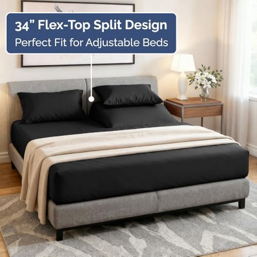Flex Top Split Head King 4 Piece Sheet Set - Ultra-Soft, Breathable - Black