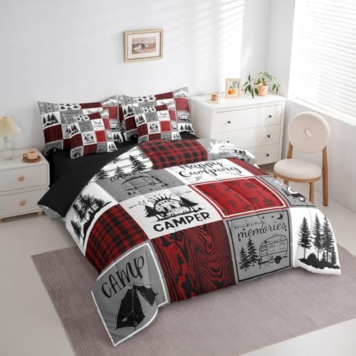Erosebridal Camper Twin Bed in A Bag 7 Piece Rv Camping Comforter Set Rustic Buffalo Plaid Bedding Comforter Sets Camper Decor for Travel Trailers Bunk Country Camping Bed Set Red Black Grey