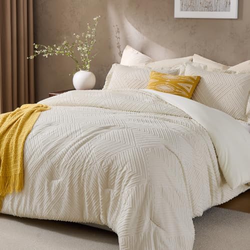 Oversized King Comforter Set, Boho Tufted 3-Piece Bedding Set, Beige