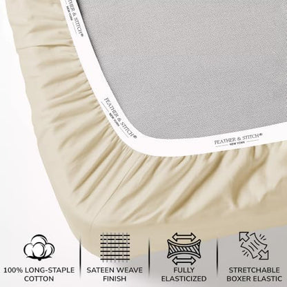Feather & Stitch 100% Cotton Sateen 500 TC Split King Size Bed Sheet Set