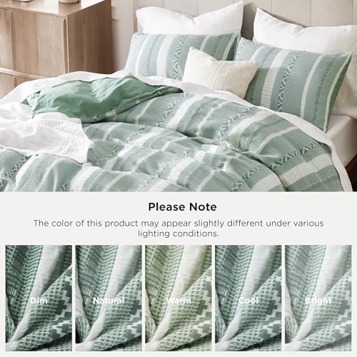 Bedsure PureWoven Boho Striped Cotton Waffle Duvet Cover Set, King, Green