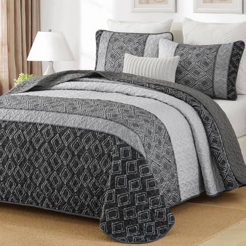 Cottolester Twin Quilt Set for Dorm Bedding,2 Pcs Black Grey Bedspreads