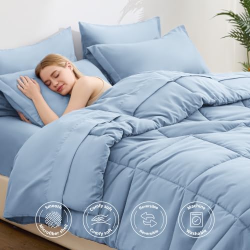 Love's cabin Plaid Full Comforter Set, Light Blue