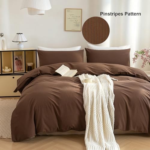 Mucalis Brown Striped Duvet Cover Queen 100% Washed Cotton Navy Pinstripe Duvet Cover Set 3 Piece Classic Stripes Bedding Full with Zipper Closure Corner Ties,Soft Breathable Lightweight Cozy