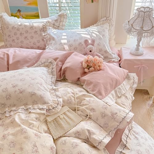 LifeTB Vintage Floral Duvet Cover Set Twin, Aesthetic Pink Flower Bedding Set with Romantic Ruffle, 100% Cotton Botanical Cottagecore Duvet Cover, Princess Lace Comforter Cover with 2 Pillowcases